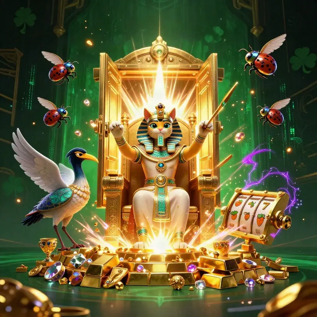 Pharaoh cat on golden throne with ibis scribe, scarabs, and a vault of gold in emerald-black light.