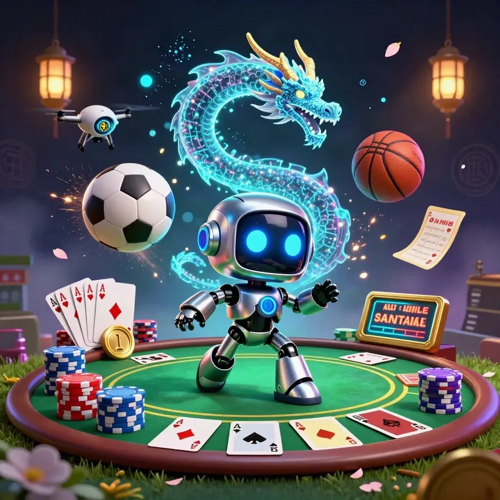 Cyberpunk robot, holographic dragon and coin drone amid chips, cards, sports balls and glowing runes.