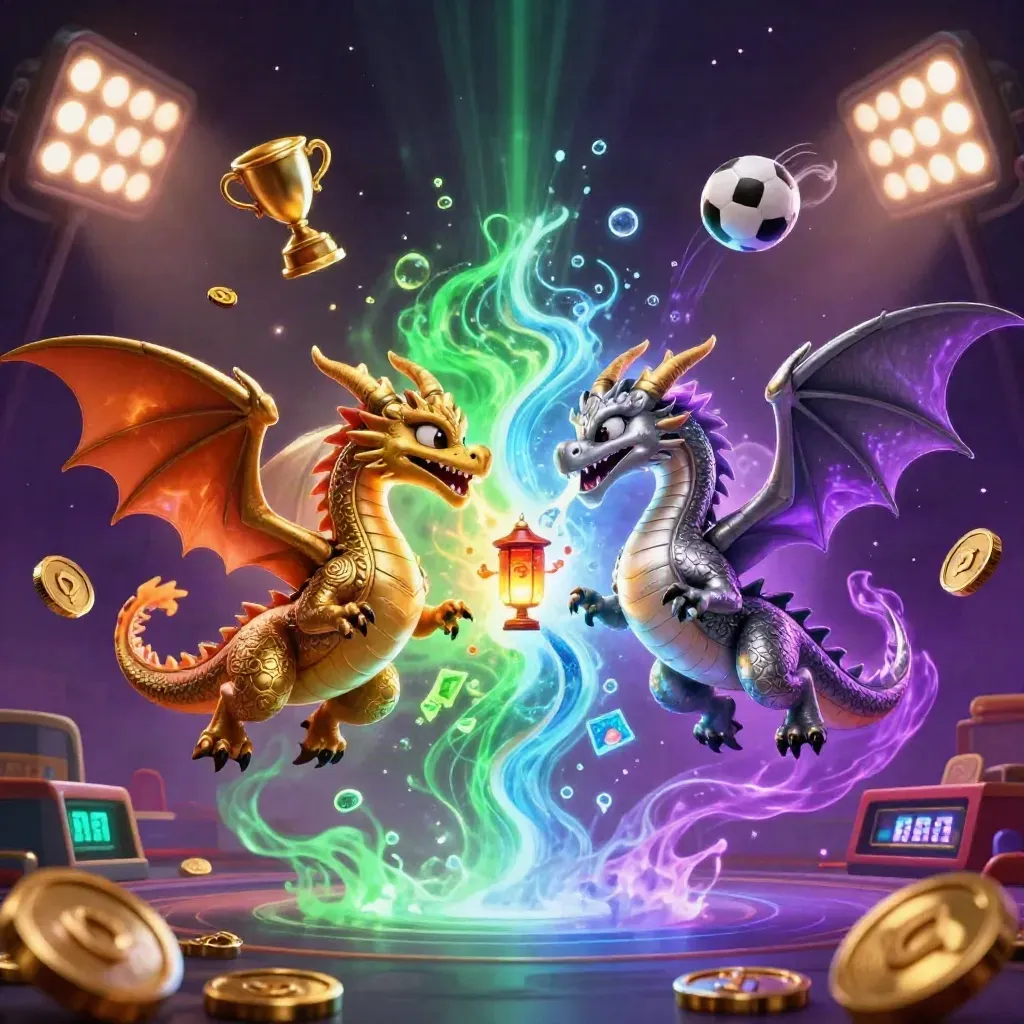 Gold and silver dragons spiral in neon fantasy light with coins, sports balls, and glowing reels.