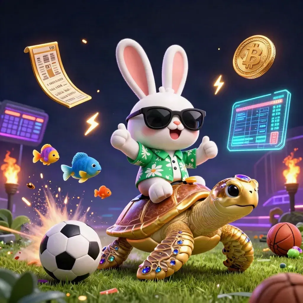 Lucky rabbit on gem-shell turtle with coins, soccer ball, and neon casino effects