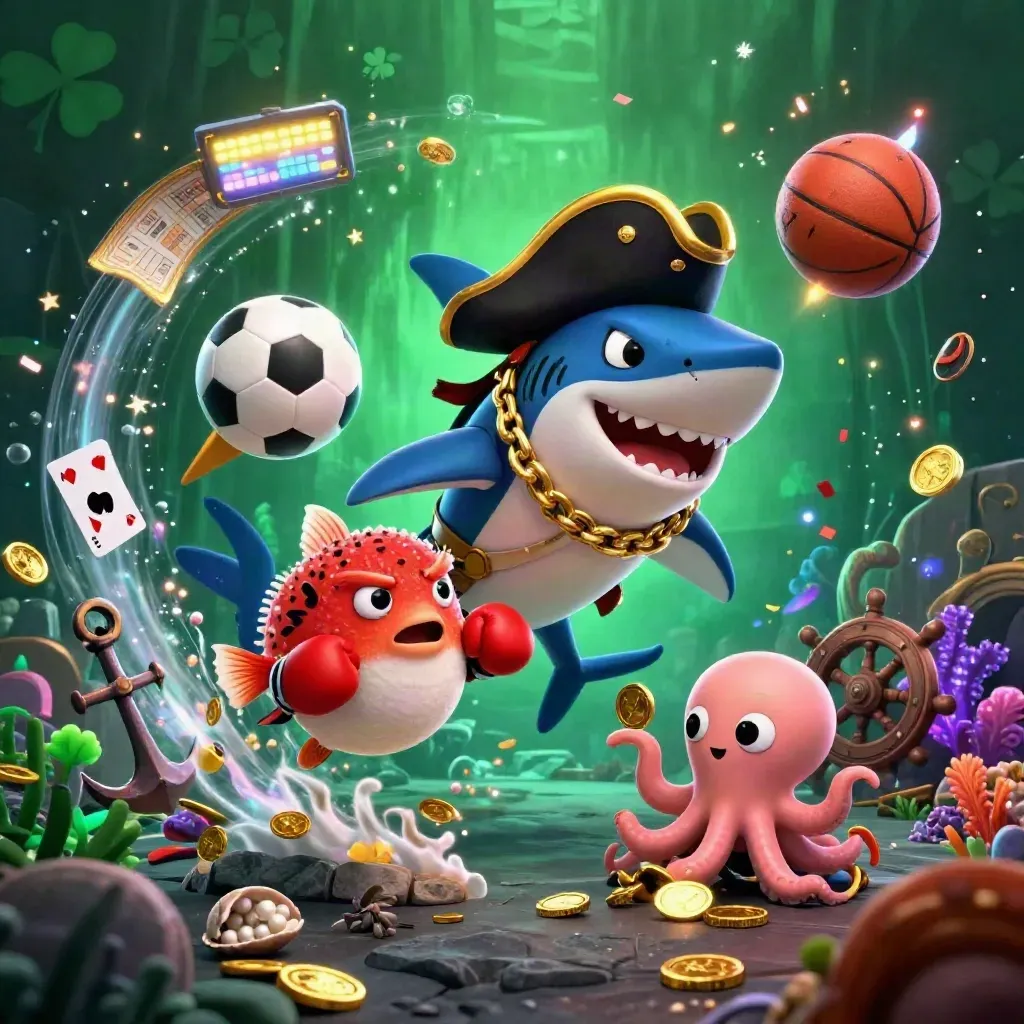 Pirate shark, pufferfish, and octopus burst through an underwater treasure cove with sports balls and coins.