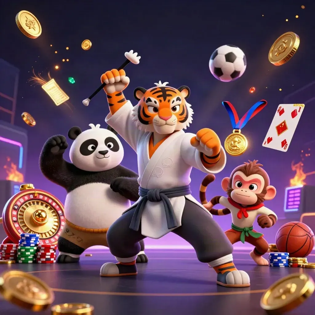 Kung-fu tiger, panda and monkey with casino chips, coins and sports balls in neon dark fantasy