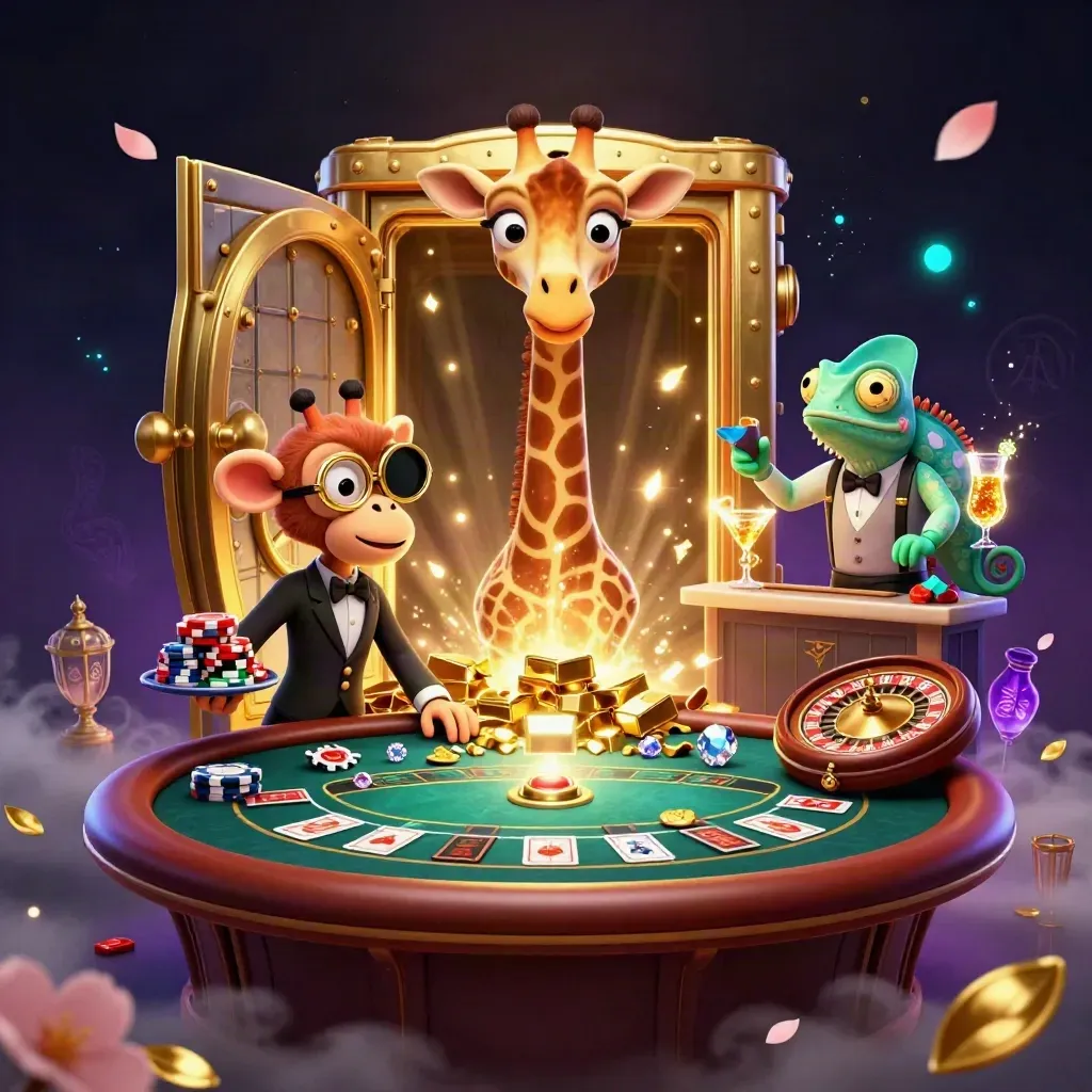 Giraffe high-roller, monkey valet, and chameleon bartender in a glowing luxury casino vault