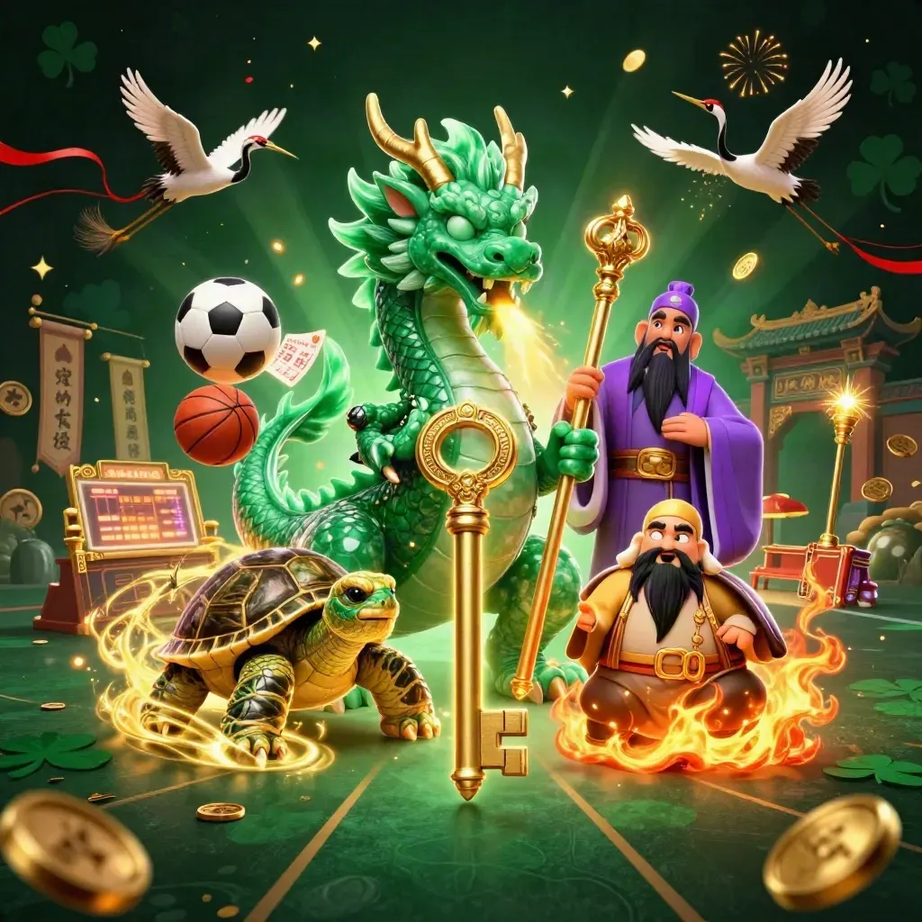 Dragon, turtle sage, and cranes amid sports balls, gold sparks, temple gate, and casino magic.