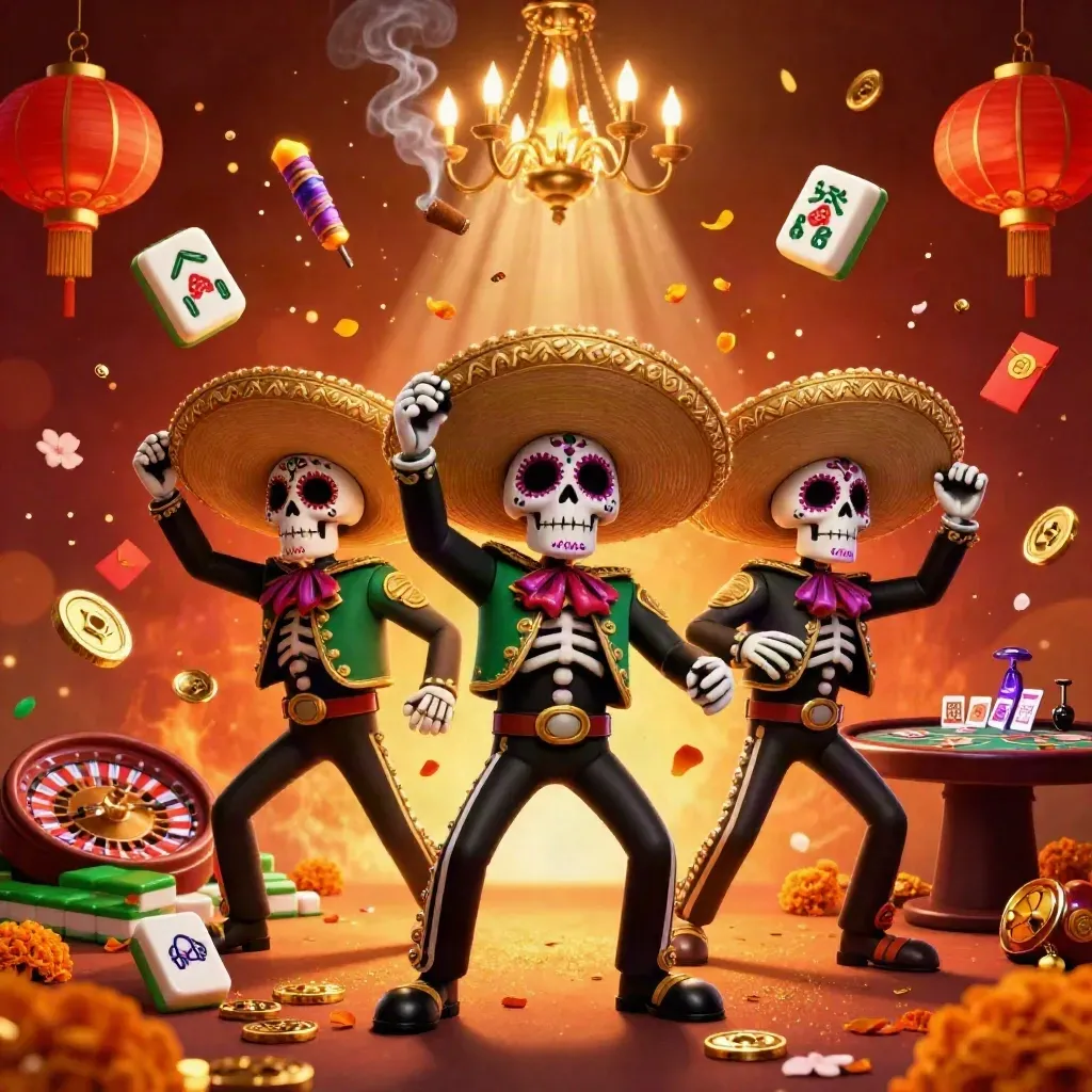 Three skeleton mariachi players amid casino props, lanterns, roulette, and glowing neon fantasy light.