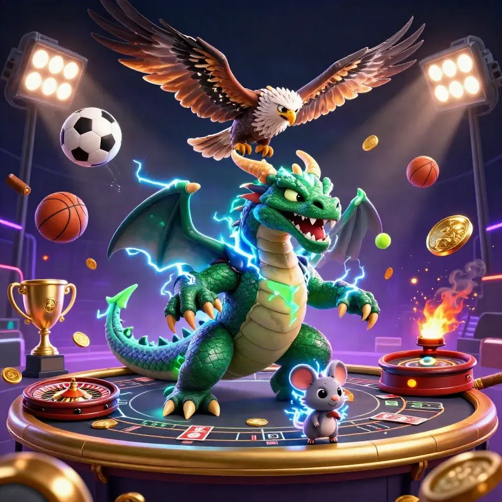 Thunder dragon, wind hawk, and static mouse amid casino lights, coins, sports balls, and a spinning wheel