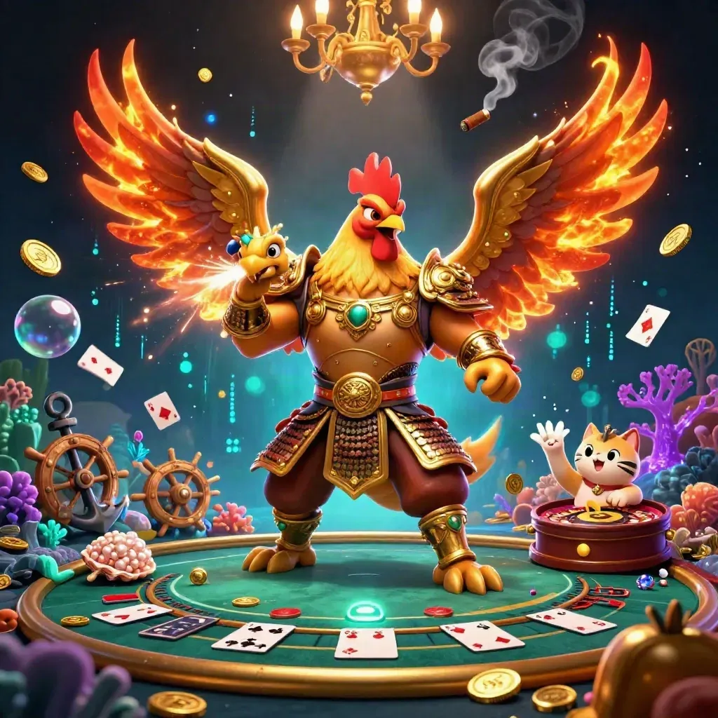 Rooster warrior, dragon hatchling and fortune-cat amid casino treasure, sparks and neon glow.