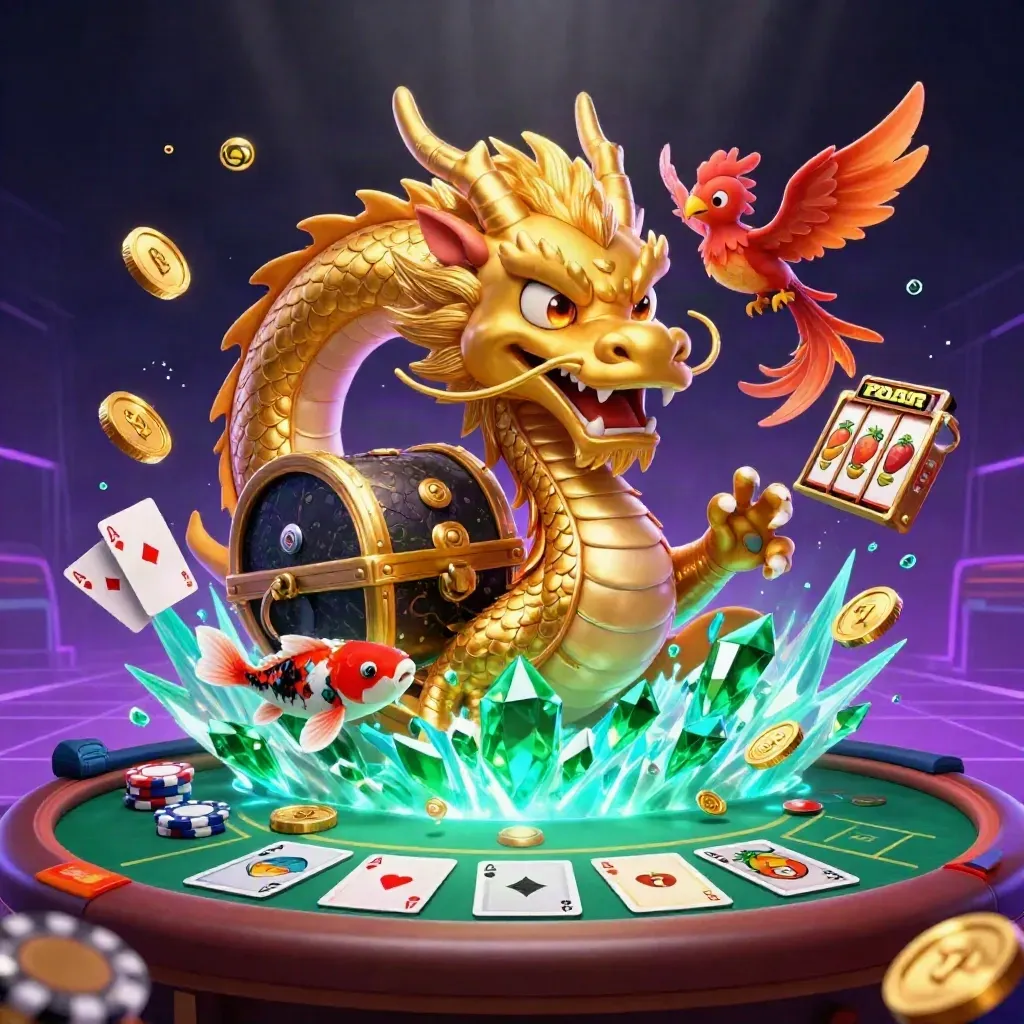 Golden dragon, phoenix, koi, chips and gems exploding in a neon fantasy casino scene.