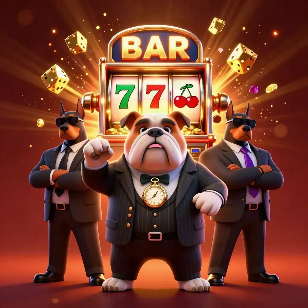 Bulldog boss with two Dobermans amid exploding slot machine, coins, gems, and ember glow.