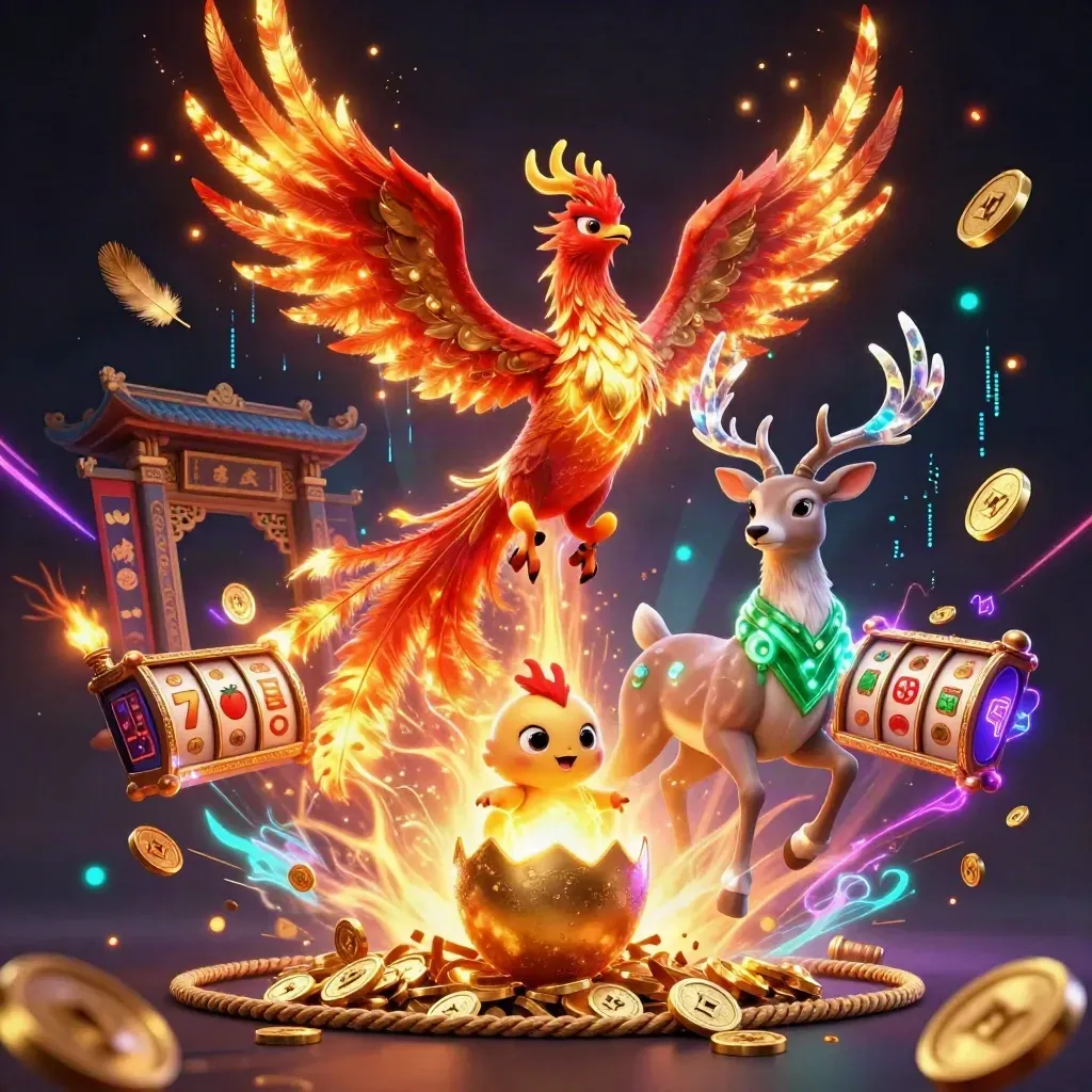 Phoenix, hatchling egg, and crystalline stag amid casino treasure and neon energy