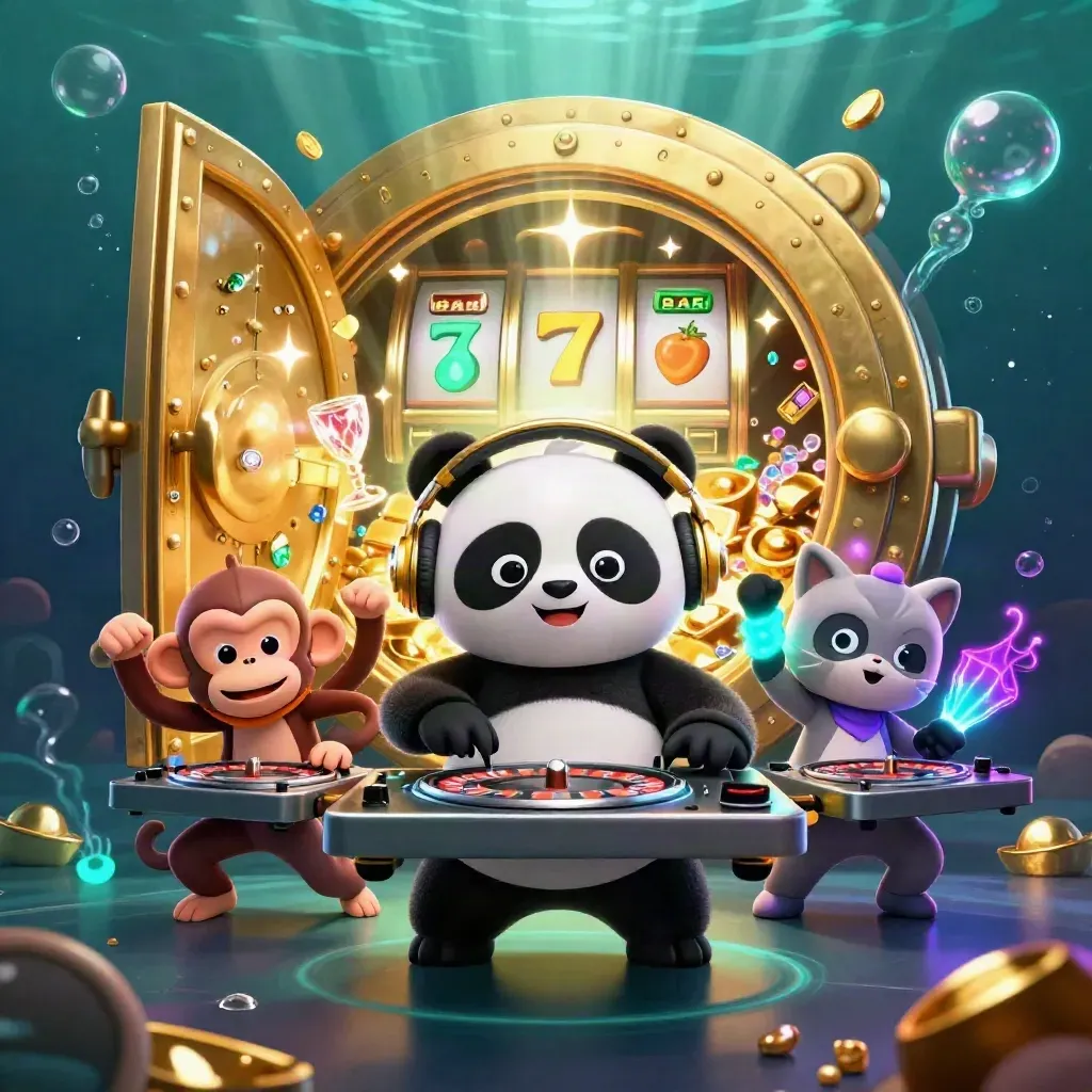 Panda DJ, dancing monkey, and glow-stick kitten burst from a golden vault underwater with gems and coins.