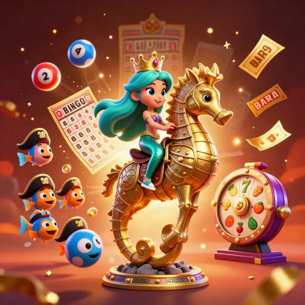 Mermaid princess rides gold-armored seahorse amid casino prizes, lottery balls, and violet glow.