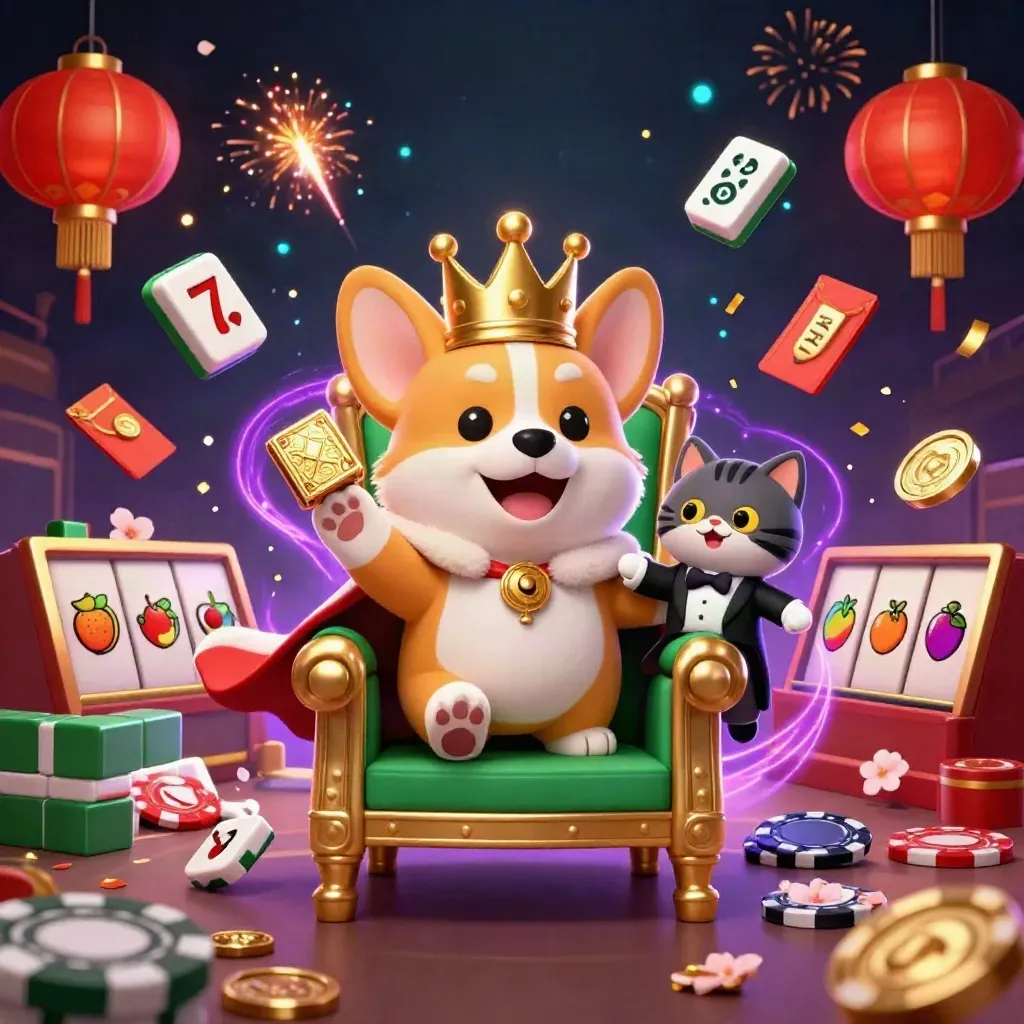 Royal corgi on poker-chip throne with cat butler amid lanterns, coins, fireworks, and violet magic