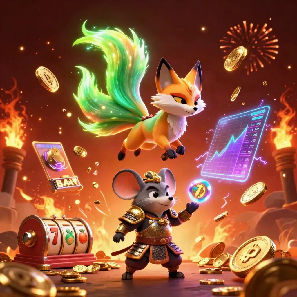 Fox spirit and samurai mouse amid exploding gold coins, reels, lightning, and treasure.