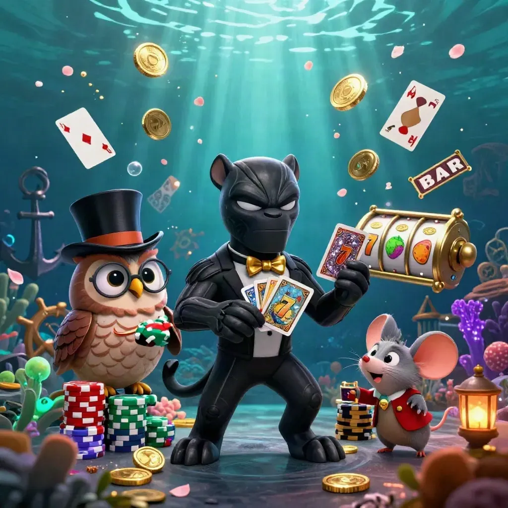 Panther, owl, and mouse amid treasure coins, coral, reels, and underwater magic