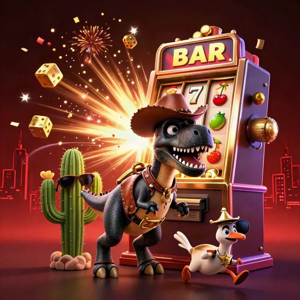 Cowboy T-Rex, cactus sidekick, and roadrunner amid a jackpot blast of coins and fireworks.