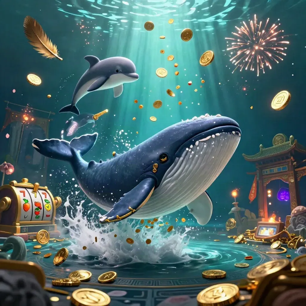 Whale captain, narwhal, and dolphins burst from gold coins in a glowing fantasy casino sea.