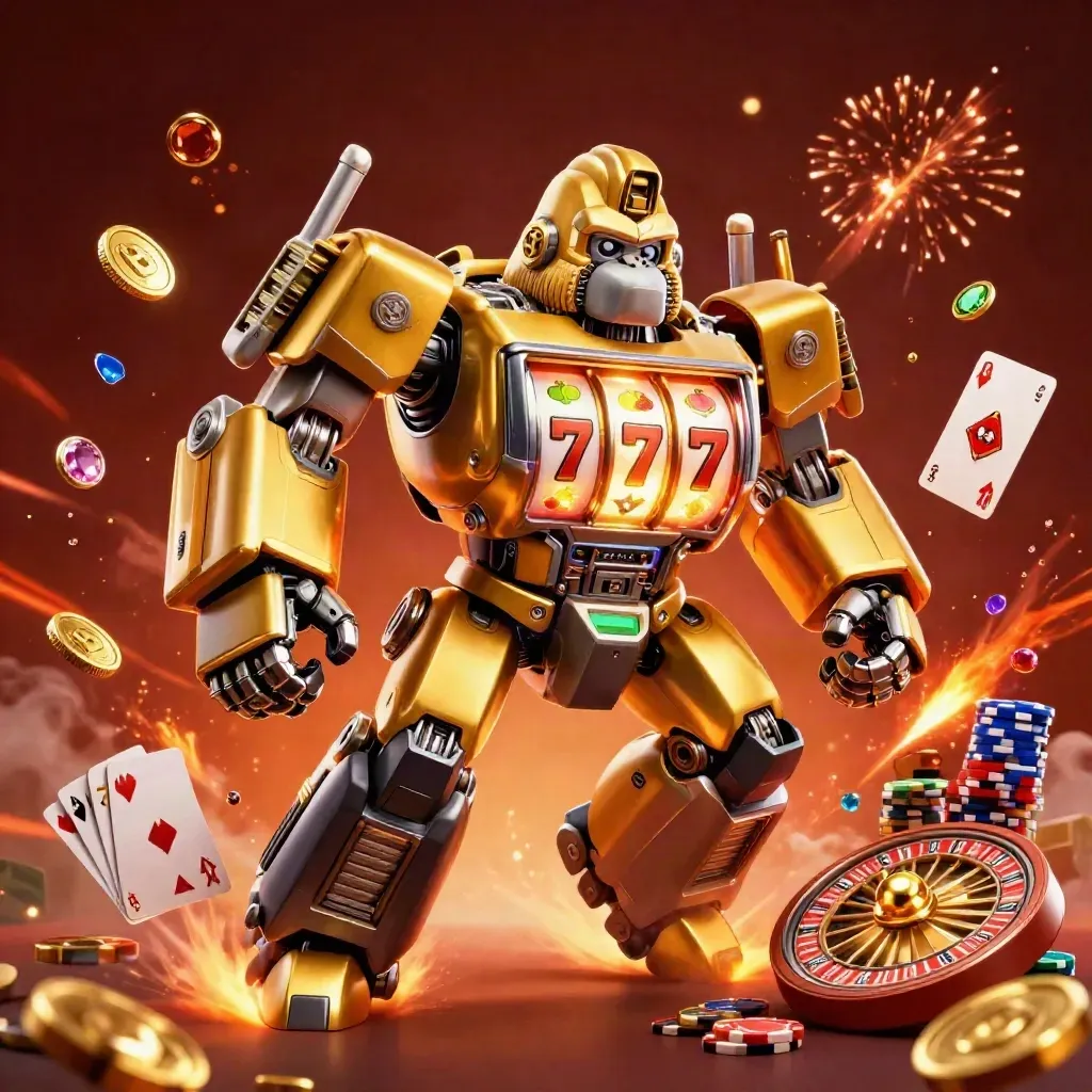 Golden gorilla mech bursting with coins, gems, reels, chips, and fireworks in a dark fantasy casino glow.