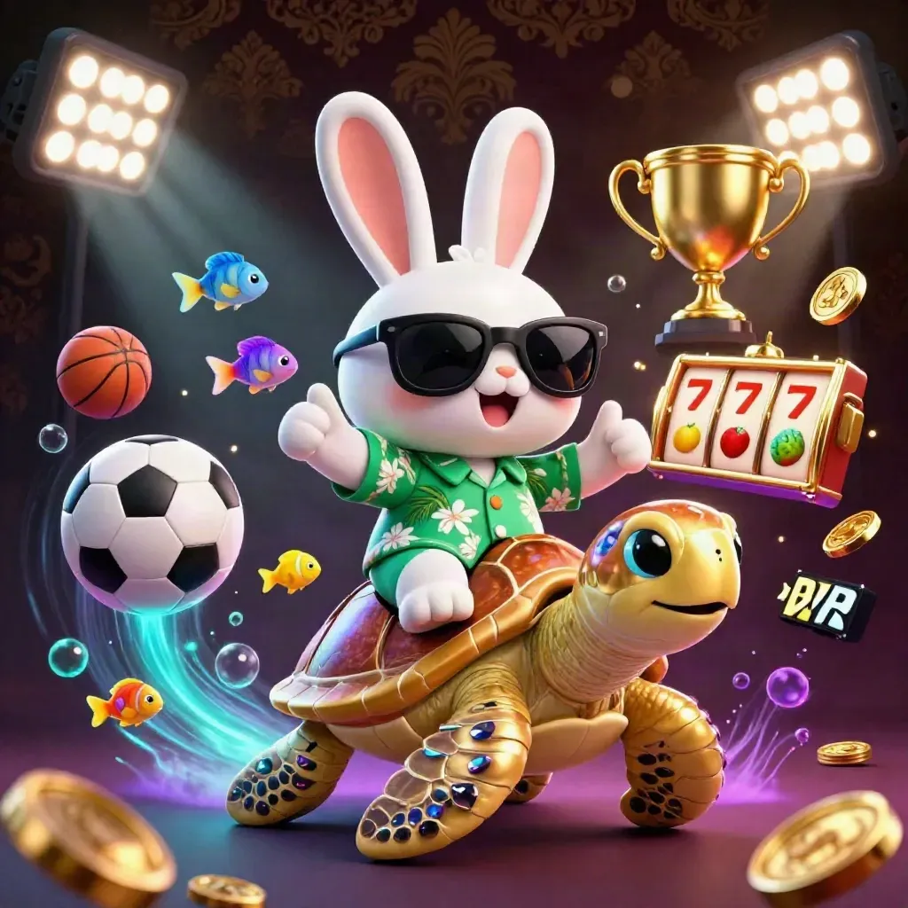 Lucky rabbit rides a golden sea turtle amid casino symbols, coins, sports balls, and glowing lights.