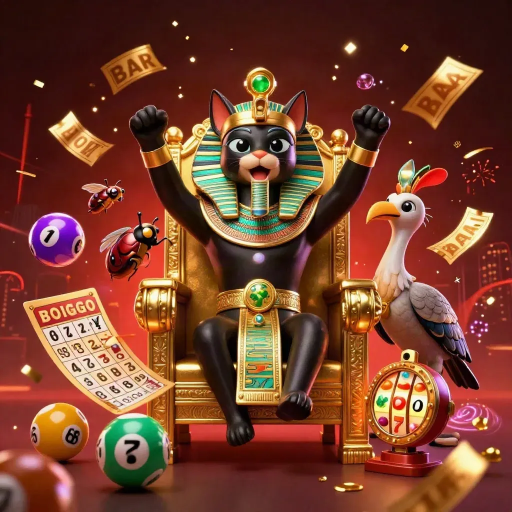 Pharaoh cat on golden throne with ibis scribe, scarabs, slot reels, jackpots, and casino effects.