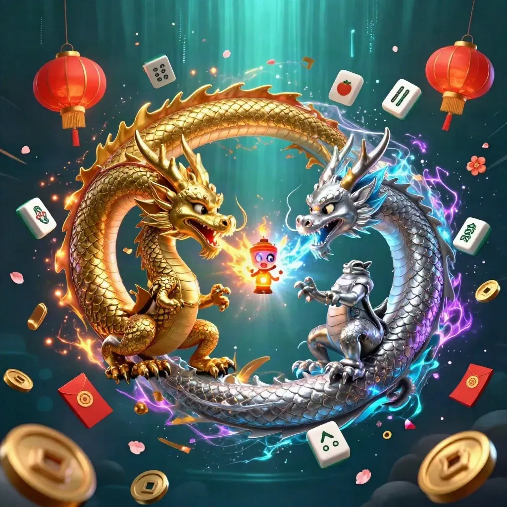 Gold and silver dragons spiral with fire and ice, casino symbols swirling in a dark teal fantasy glow.