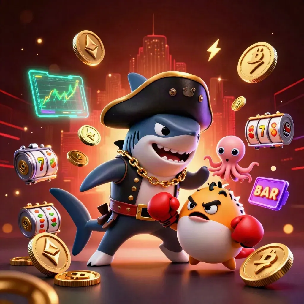 Pirate shark, boxing pufferfish, and juggling octopus amid casino coins and neon effects