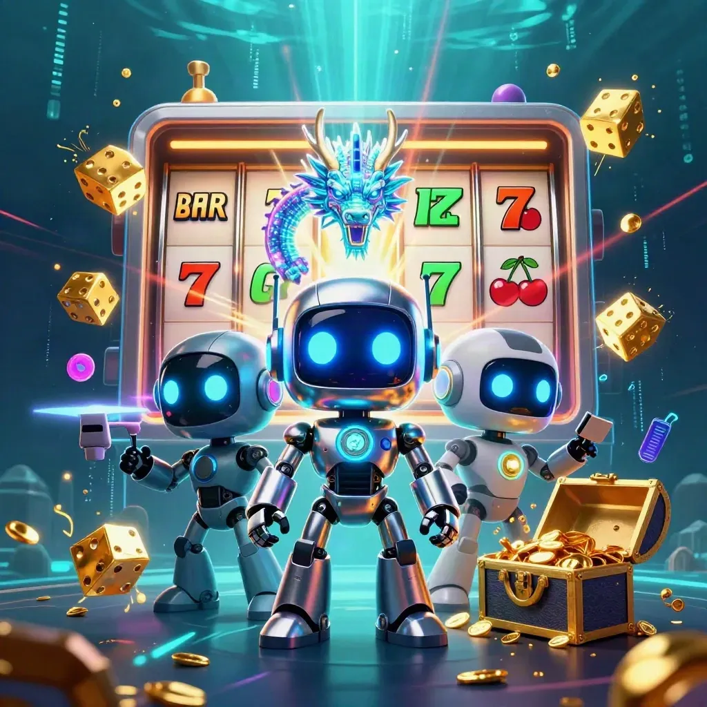 Chrome robot, holographic dragon, and coin drone exploding from a jackpot slot machine in dark teal glow.