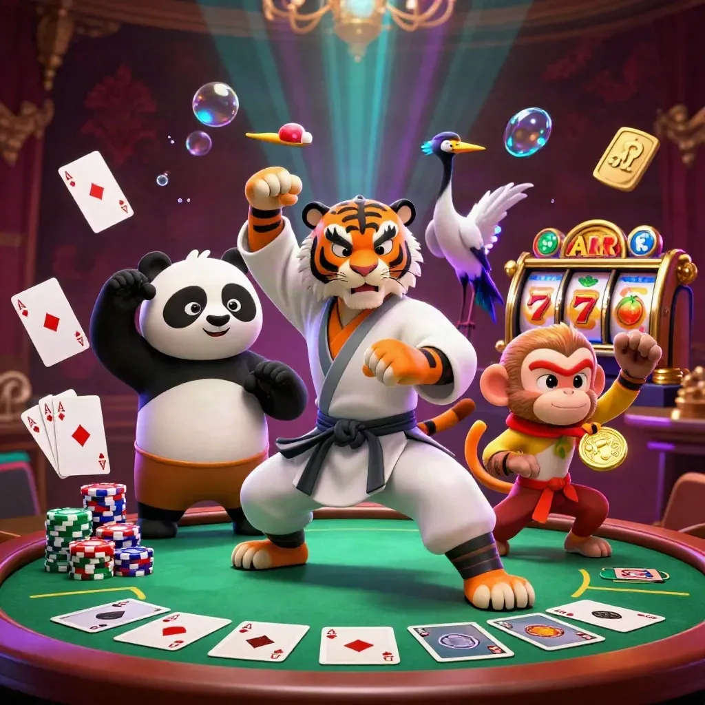 Kung-fu tiger, panda, and monkey amid casino chips, cards, slots, and glowing fantasy effects.